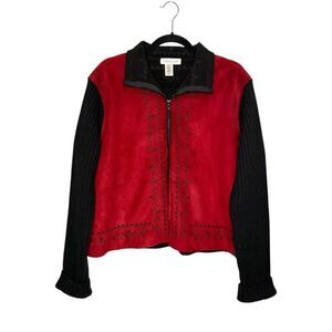 Coldwater Creek Women’s Large Faux Suede Zip Up Jacket Knit Sleeves Embroidered